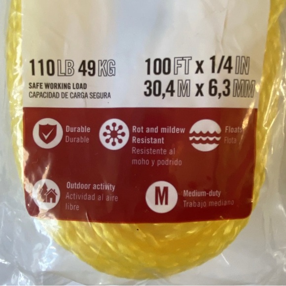 Blue Hawk 100’ X 1/4” Yellow Hollow Nylon Rope Safe Working Load 110 LBS NEW - Picture 4 of 8